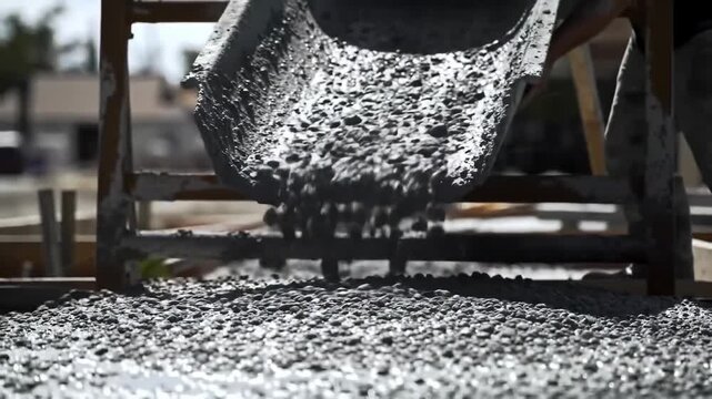 A large metal chute pouring small rocks or gravel onto a pile on the ground