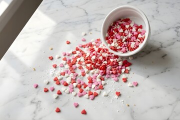 Red and Pink Heart Shaped Sprinkles for Valentine's Baking on Marble