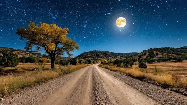 The Serene Journey: A solitary road stretches towards the horizon, bathed in the ethereal glow of a full moon under a canopy of stars. A lone tree stands as a silent sentinel.