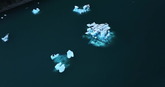 High drone view over scattered icebergs in a dark Icelandic glacial lagoon, with a central berg releasing a pale turquoise melt plume beneath the surface.