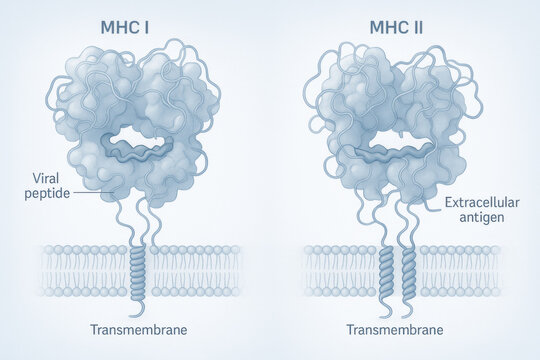 Biology diagram showing immune system molecule MHC I presenting viral peptide and MHC II showing an extracellular antigen. molecular visualization for education