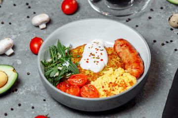 delicious potato pancakes with mushrooms and sausage