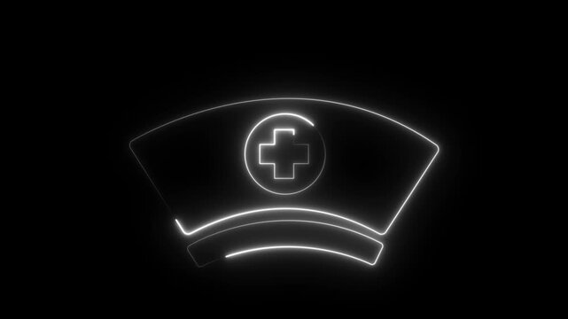 glowing neon nurse cap icon animation, medical nurse had icon Line animation,medical nurse cap sign 4K Video motion on black background.