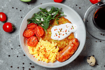 delicious potato pancakes with mushrooms and sausage