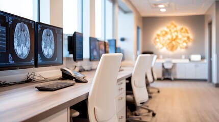 A modern medical workspace featuring multiple computer monitors displaying brain scans and stylish office furnishings.