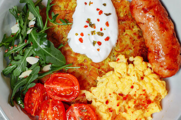 delicious potato pancakes with mushrooms and sausage