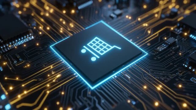 Digital shopping cart icon on a futuristic circuit board, representing e-commerce and online retail technology