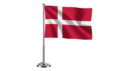 Denmark flag waving on a small pole isolated on transparent background