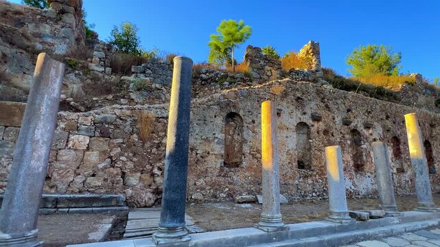 Ruins of the ancient Roman port city of Siedra in Alanya, Antalya, Turkey. The street and ruins of the ancient abandoned ancient city of Siedra on the Mediterranean coast. 4К