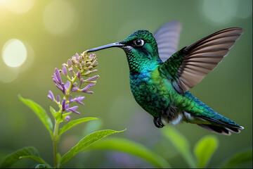 Fototapeta premium Vibrant Green Hummingbird Hovering Near Purple Flowers in Soft Natural Sunlight