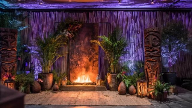 An ambient island themed space with tiki statues, lush plants, soft lighting, and a central fire