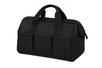 Black canvas tool bag organizing equipment and work items
