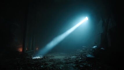 A hidden weapon cache revealed by a flashlight beam in a dark bunker, dusty, eerie, cinematic mystery.