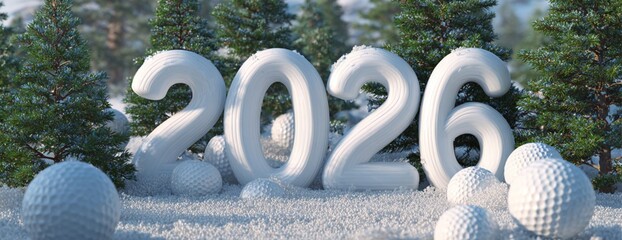 White 2026 Numbers in Snow with Pine Trees
