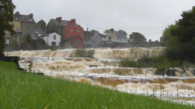 Famous Cascades Of The Inagh River In Ennistymon, County Clare, Ireland. Static Shot