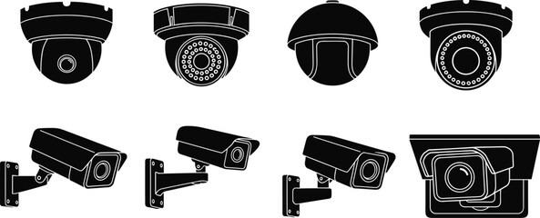 Set of security camera icons and CCTV surveillance systems, flat vector silhouettes of dome and bullet cameras, home safety and protection symbols © Nasima