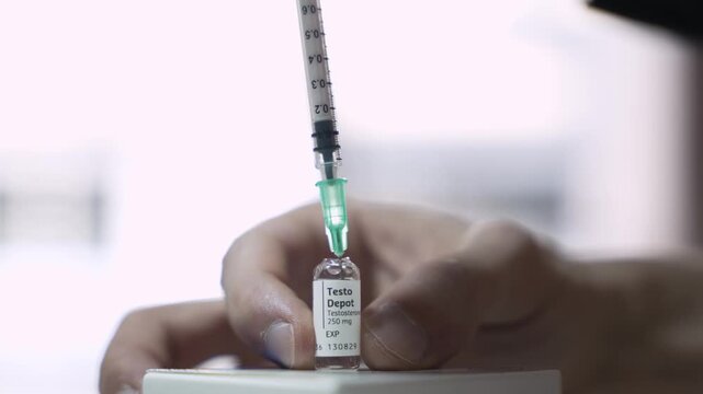 Syringe Drawing Testosterone from Glass Ampoule, Hormone Therapy Concept