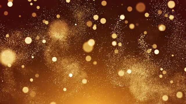 A seamless loop of shimmering golden dust particles slowly ascending against a deep warm background atmosphere for graphic overlays heat, website, sunlight
