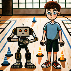 Teen building a robot while standing in a gymnasium with colorful cones in the background