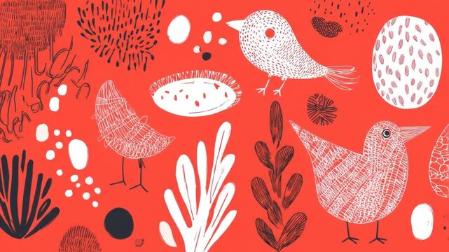 Stylized birds and abstract shapes on a vibrant red background, with bold black and white linework