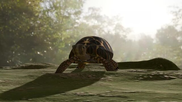 Realistic 3D rendering of a tortoise slowly walking through a backyard illuminated by sunlight &ndash; textured shell, grass, moss, soil, vivid shadows, a peaceful moment of wildlife.