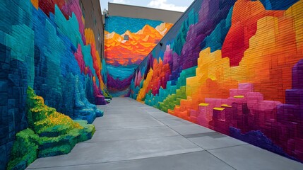 Colorful alleyway mural depicts pixelated mountains and varying gradients, vibrant and eye-catching