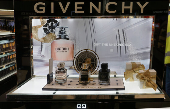 Rome, Italy - December 19, 2025: Fiumicino international airport - Luxury branded cosmetics and perfumes in the store