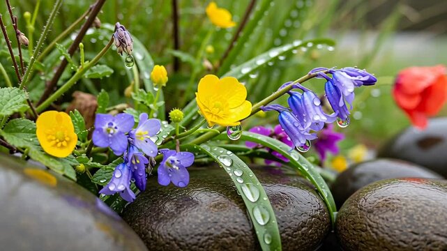 Close up of delicate bluebells and yellow buttercups with water droplets on smooth river stones.