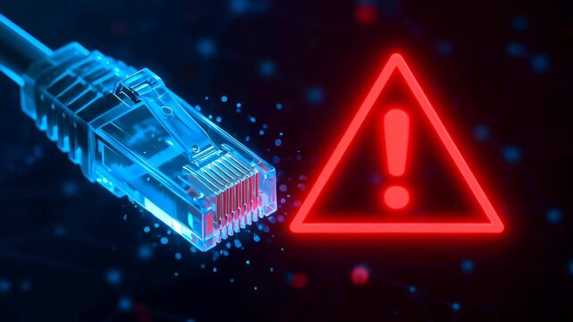 Warning sign with network cable on dark background indicating cyber threat