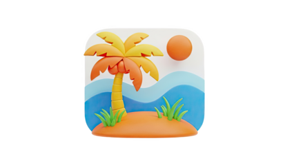 3D Palm Tree Icon with Tropical Beach Scene