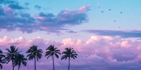 Dreamy pastel sky with silhouettes of palm trees against a sunset