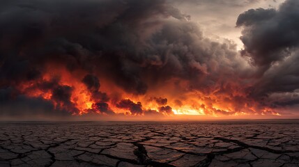 Dramatic landscape featuring a cracked earth foreground with an ominous fiery sky