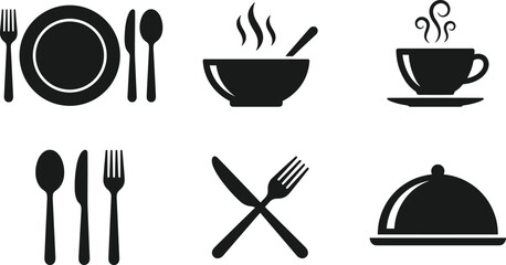 Restaurant dining icons set, plate cutlery soup bowl coffee cup cloche symbols, food service vector illustration isolated white