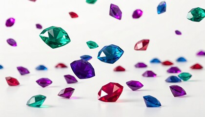 A collection of colorful precious gems scattered on a white surface