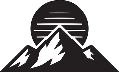 Mountain silhouette with rising sun circle behind.