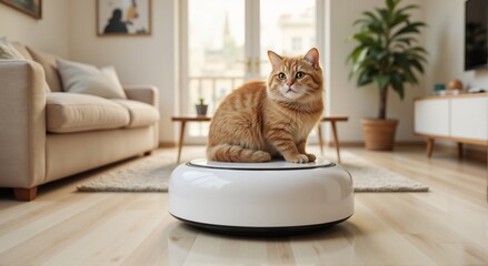 Adorable orange cat sitting on a robotic vacuum cleaner in a modern living room