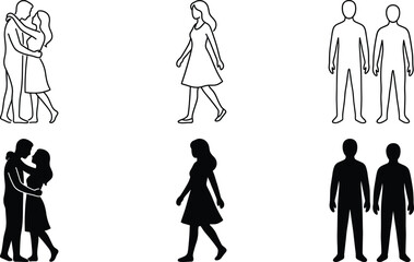Human silhouette figures set, walking woman, standing people, couple hugging icons, male female outlines and solid shapes vector