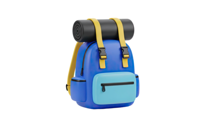 Blue Backpack with Rolled Mat and Yellow Straps