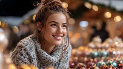 Smiling Girl at a Cozy Christmas Shopping Market