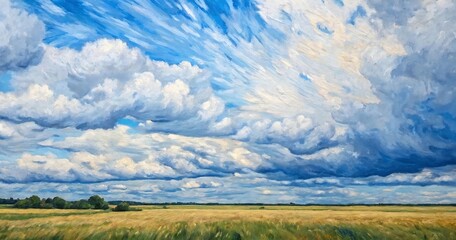 Vast golden field stretches under a magnificent, textured blue sky adorned with majestic, dynamic clouds