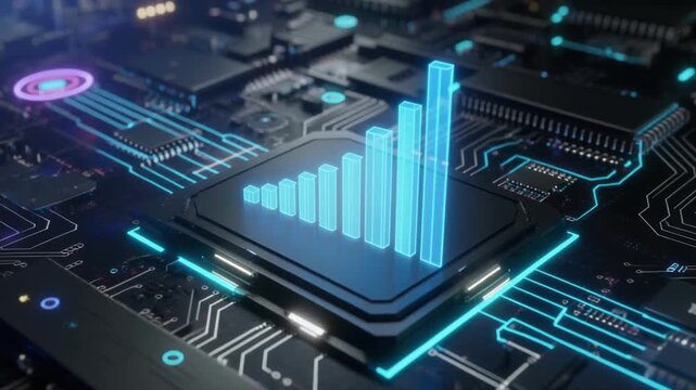 Digital growth concept with glowing blue bar chart superimposed on a computer circuit board