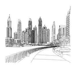 Dubai Marina Walk. Waterfront promenade with restaurants, luxury apartments, and yachts
