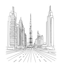 Sheikh Zayed Road. Dubai&rsquo;s main highway, home to skyscrapers, luxury hotels, and metro line
