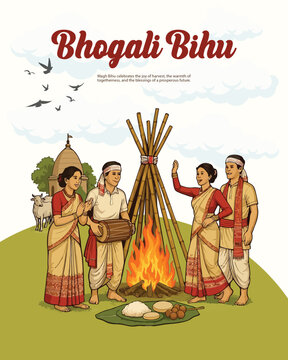 Magh Bihu festival with Meji bonfire and Assamese people celebrating harvest.