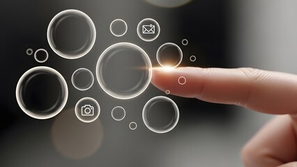 Human finger interacting with a glowing digital bubble interface, showcasing advanced technology and futuristic concepts for communication and data access