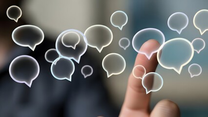Digital communication concept with a hand interacting with speech bubbles, symbolizing online chat and social media engagement