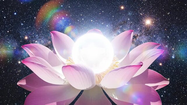 Celestial lotus blooms against cosmic starry backdrop.