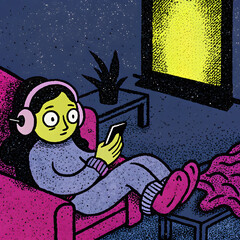 Procrastinating teen with headphones relaxing on a couch while looking at a smartphone in a cozy room
