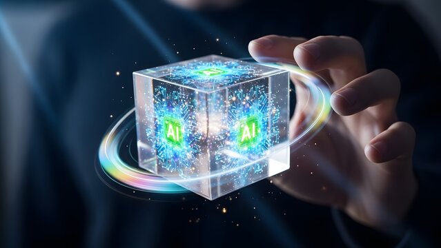 A human hand gently holds a vibrant, glowing digital cube, symbolizing advanced artificial intelligence processing and future technological innovation within a complex data structure - Powered by Adobe