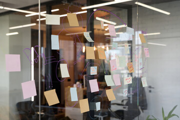 Glass wall covered with colorful sticky notes and handwritten diagrams in modern office, brainstorming session in progress